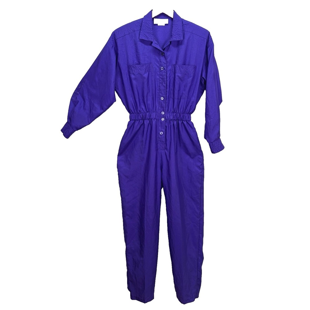 Vintage Joan Walters Woman's Nylon Button Up Jumpsuit Size 8 Purple 80's 90's - Picture 1 of 16